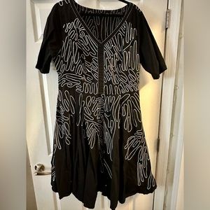 eShakti Black Dress with fun white embroidery throughout - full skirt - 2X 22W